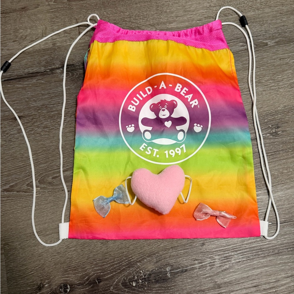 Build A Bear Carrier Backpack Rainbow 1997 Blue Pink Drawstring Bag Heart & Bows